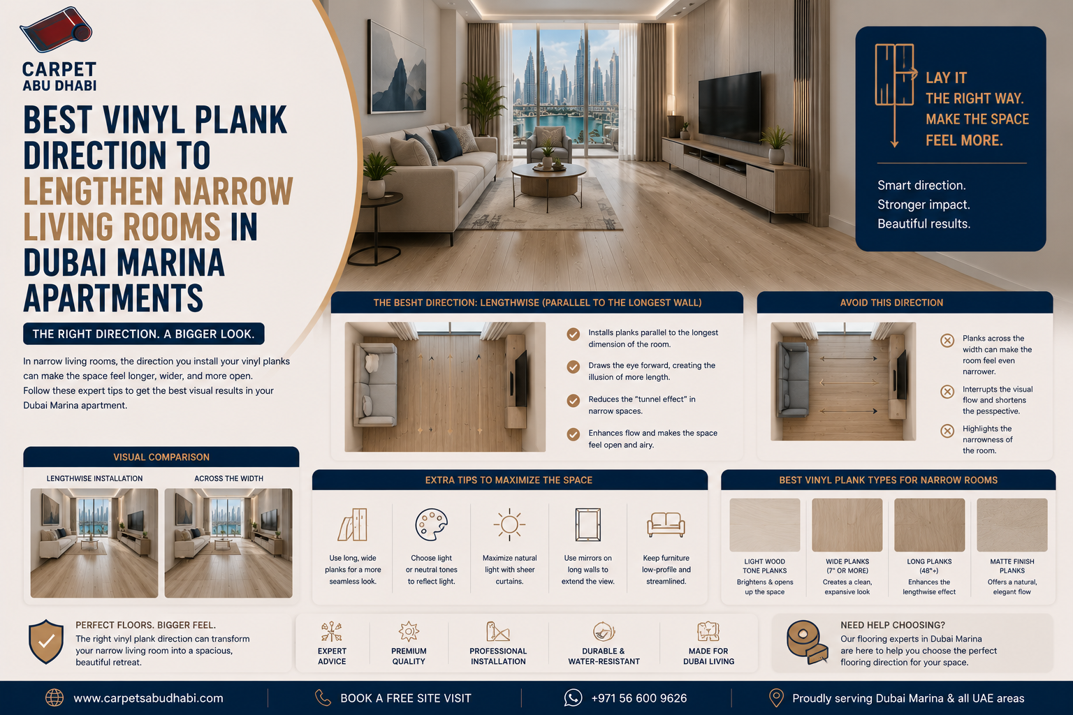 Read more about the article Best Vinyl Plank Direction to Lengthen Narrow Living Rooms in Dubai Marina Apartments