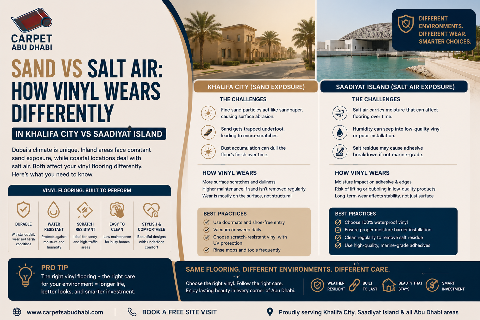 Read more about the article Sand vs Salt Air: How Vinyl Wears Differently in Khalifa City vs Saadiyat Island